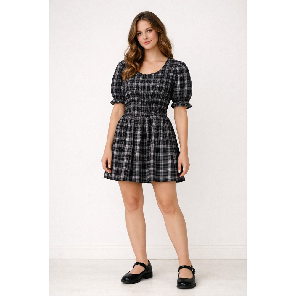 Plaid Mini Dress Womens Small Black Dark Academia Cottagecore Grunge Preppy